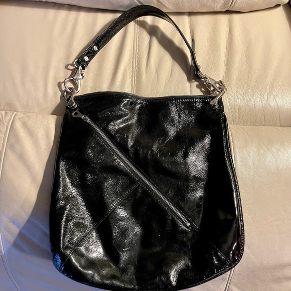 Christopher Kon Black Patent Leather Shoulder Hobo Bag w/ zipper/silver accents - Picture 1 of 8